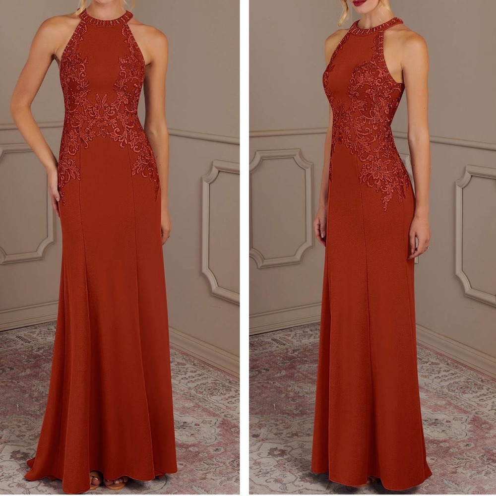 NWT Size 4 Halter Chiffon Lace Maxi  A-Line Formal Ball Gown Tie Back Rust 
Prom